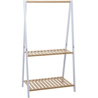 Hhg [NON UTILIZZATO] Appendiabiti aperto in bamb&ugrave; HHG-367, guardaroba, portaoggetti, scarpiera, con asta e 2 ripiani, 130x70x44 cm, bianco