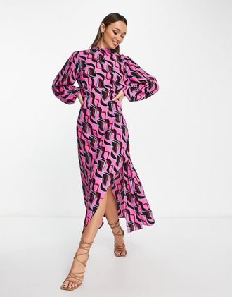 Y.A.S Maxi-Freizeitkleid mit abstraktem Wellenmuster in Rosa