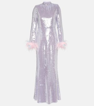 Self Portrait Feather-trimmed sequined gown