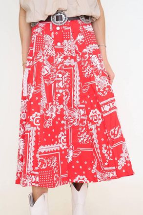 Merci Paisley Denim Button Down Midi Skirt In Red