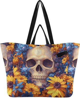 Generic Skull Flowers Yellow pattern Reusable Canvas Tote Bag, Heavy Duty Grocery Shopping Bag with Large Capacity Hard Bottom Double Handles Work Groceries T