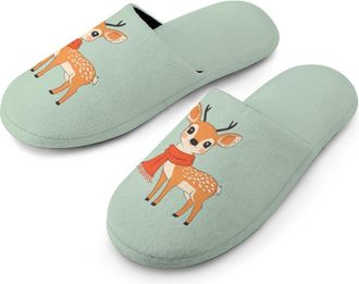 Generic Cute Deer Wearing Scarf Warm Mens Slippers Slip On Soft Fleece House Shoes Winter Indoor Outdoor