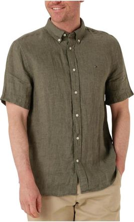 Tommy Hilfiger Overhemden, Heren, Groen, L, Linnen, Pigment Dyed Linen Short Sleeve Shirt
