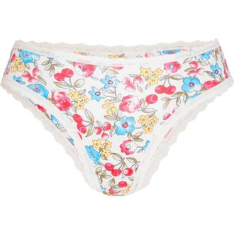 Savage x Fenty Essentials Lace Trim Stretch Cotton Cheeky Briefs in White Tea Cherry Meadow Floral at Nordstrom, Size X-Large
