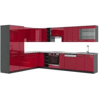 Vicco Cucina angolare completa Fame-Line, Bordeaux lucido/antracite, 347 x 257 cm, pl Marmo