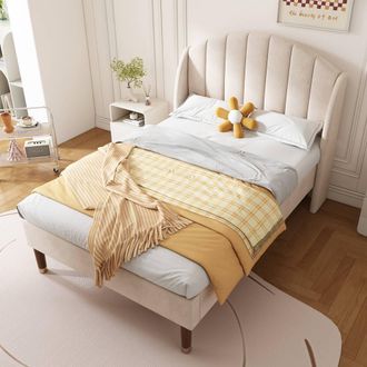 Merax 3ft Single Wingback Velvet Upholstered Bed in Beige