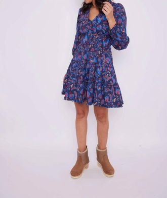 Sail to Sable Long Sleeve Smocked Waist Dress Aztec Floral In Blue