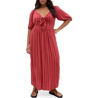City Chic Bella Tie Front Maxi Dress in Rust Stripe at Nordstrom, Size Xxl