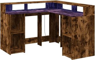 Berkfield Home Soft Desk with LED Lights Smoked Oak 130x130x91 cm Engineered Wood in Brown | Size: 130 x 130 x 91 cm
