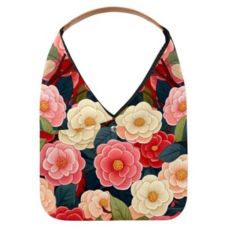 Generic Camellia Red White Reusable Lightweight Grocery Bags - Foldable Into Compact Pouch, Washable & Sturdy, Multipurpose for Shopping and Travel