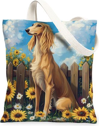 Generic Spring Saluki Dog Canvas Tote Bag for Shopping 13x15, Sunflower Fence Puppy Reusable Grocery Print Bag for Women, Farmhouse Pet Beach Aesthetic Painti