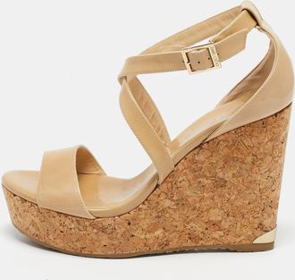 Jimmy Choo London Beige Patent Leather Portia Wedge Sandals