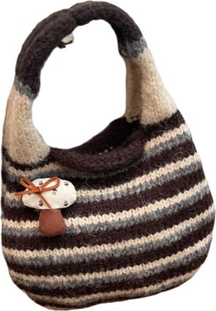 Generic Japanese Style Knitted Wrist Bag, Cute Mushroom Design Retro Bucket Handbag for Women, Soft Polyester Mini Crossbody Shoulder Bag(Brown)