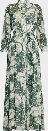 Teri Jon Botanical-Print Chiffon Shirt Gown
