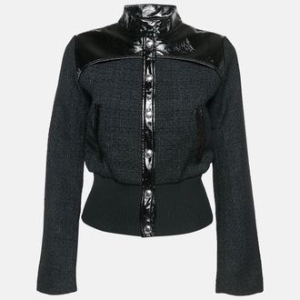 Maje Black Tweed Button Front Contrast Trimmed Jacket
