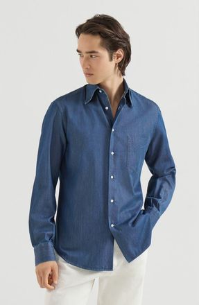 Brunello Cucinelli Lightweight denim shirt with Italian collar and chest pocket in Dark Denim at Nordstrom, Size Xxx-Large