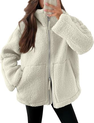 Generic Winter Jackets for Women UK Full Zip Fleece Coats Ladies Fall Drawstring Solid Color Teddy Hooded Cardigan Warm Casual Loose Long Sleeve Fuzzy Sherpa 