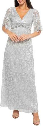 OLEG CASSINI Metallic Flower Pliss&eacute; Gown in Silver at Nordstrom Rack, Size X-Large