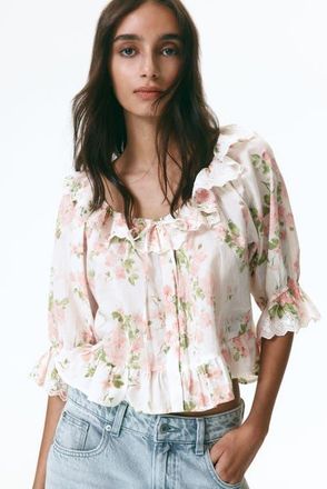 H&M Cotton blouse with eyelet embroidery in Cream/floral at Nordstrom, Size X-Small
