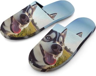 Generic Husky Dog Cotton Slippers for Men Memory Foam House Slippers Soft Anti-skid Sole Indoor Outdoor Shoes