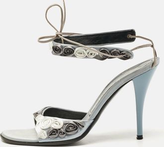 Casadei Grey Satin Floral Ankle Tie Up Sandals