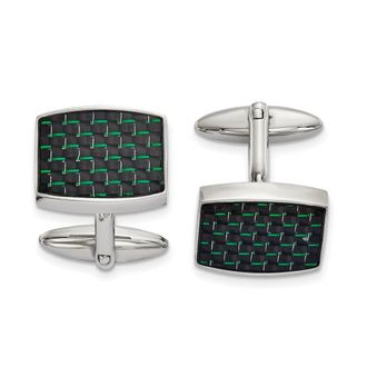 Diamond2Deal Stainless Steel Polished Black and Green Carbon Fiber Inlay Cufflinks