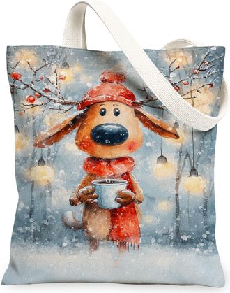 Generic Winter Holiday Dog Canvas Tote Bags, Cute Animal Print Reusable Grocery Bags, Festive Lightweight Washable Shoulder Strap C, Blue, 13x15 Inch