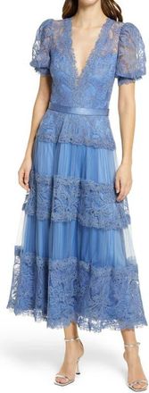 Tadashi Shoji Embroidered Lace Tiered Midi Dress in Powder Blue at Nordstrom, Size 10
