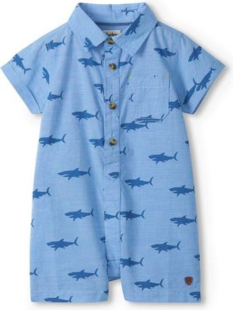 Hatley Shark Print Cotton Polo Romper in Blue at Nordstrom, Size 18-24M