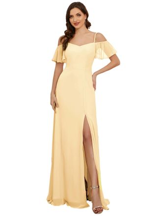 Ever-pretty Womens Ruffles One Shoulder Short Sleeve Empire Waist A Line Chiffon Long Bridesmaid Dresses with Side Slit Yellow 16UK