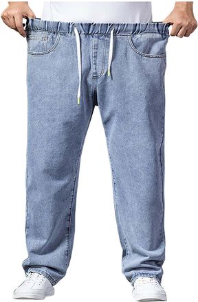Generic Jeans for Men UK Baggy Denim Trousers Elastic Waist Drawstring Jean Straight Wide Leg Casual Pants Stretch Multi-Pocket Bottoms Mens Daily Wear for Wa
