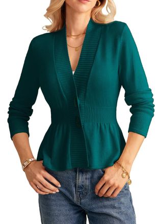 Grace Karin Womens Casual Long Sleeve V-Neck Cardigan Elegant Ruffle Hem Knitted Cardigan with Waist Blue Green 2XL