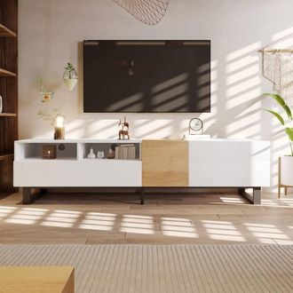 Matteo Modern White & Wood Look TV Cabinet with Storage & Metal Feet - 180cm