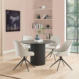 Furniturebox Penrose Black Round Dining Table & 4 Beaumont Fabric Swivel Chairs in Cream