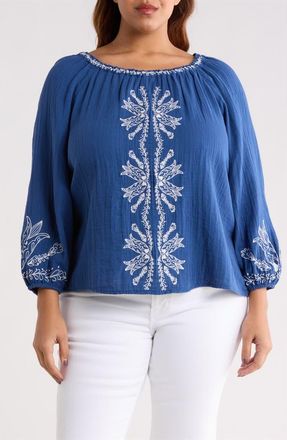 Liverpool L.A. Embroidered Cotton Peasant Top in Liberty Blue at Nordstrom, Size 2 X