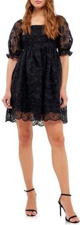 endless rose Floral Embroidered Puff Sleeve Babydoll Dress in Black at Nordstrom Rack, Size Medium