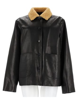 Khaite Boxy Black Shearling Collar Leather Jacket