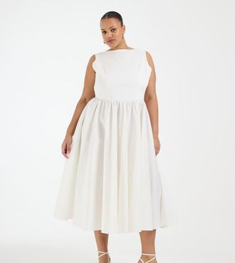 Tfnc Plus Vestito midi da sposa in cotone color avorio con fiocco sul retro e scollo a barchetta-Bianco
