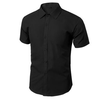 Generic Mens Short Sleeve Black Shirts Slim Fit Smart Casual Business Dress Shirt Wedding Party Formal Work Shirts Plain Button Up Shirts Lapel Collar Blouse 