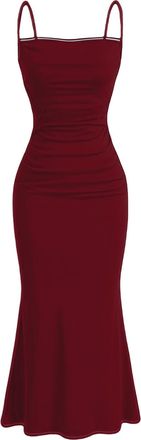 Generic Summer Dresses for Women UK Sexy Sleeveless Bodycon Pencil Long Dresses Spaghetti Strap Ruched Solid Slim Fit Y2K Fishtail Evening Party Cocktail Maxi