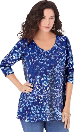 Roaman's Plus Size Ultimate Long Sleeve V Neck Tee in Navy Swirly Leaves at Nordstrom, Size 40