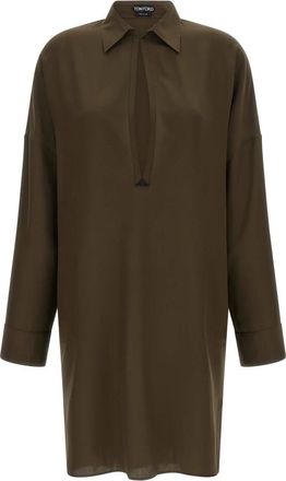 Tom Ford Zijden cr&ecirc;pe de Chine tuniekjurk met lederen details en TF logo in reli&euml;f - Dames - Tunieken - Groen - 2XS - Leer - Overhemden