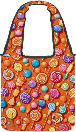 Generic Orange Candy Pattern Reversible Canvas Shoulder Tote - Double-Sided Print, 12oz Cotton, 27cm Drop, Fold-Flat Bag for Travel, Shopping, Street Outings
