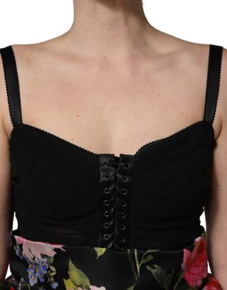 Dolce & Gabbana Womens Black Sleeveless Bustier Floral Print Tiered Dress Cotton Elastane Nylon Silk