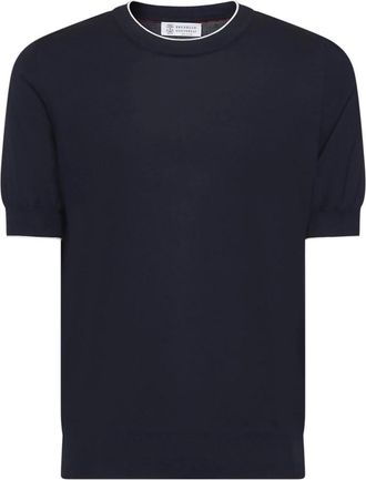 Brunello Cucinelli Brunello Cucinelli, Round-neck Knitwear, male, Blue, Size: 3XL Blue Sweater with Crewneck and Short Sleeves