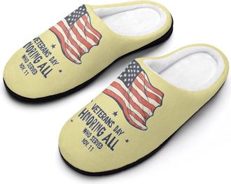 Generic Veterans Day United States Flag Slippers Men Winter Warm Cotton Anti-Slip Indoor Slip-Ons House Shoes