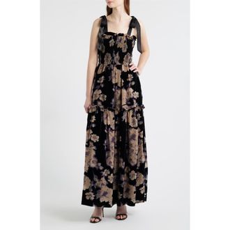 En Saison Rowan Floral Tie Shoulder Maxi Dress in Black Purple at Nordstrom, Size X-Small
