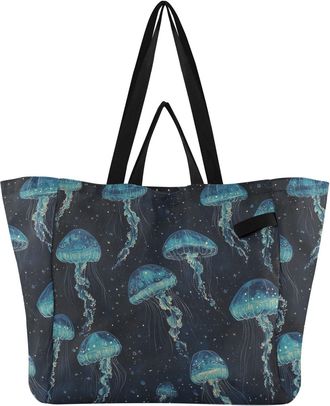 Generic Jellyfish Blue Black pattern Reusable Canvas Tote Bag, Heavy Duty Grocery Shopping Bag with Hard Bottom Double Handles Large Capacity Work Groceries T