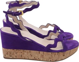 Prada Wavy Strap Accent Wedge Sandals in Violet Suede