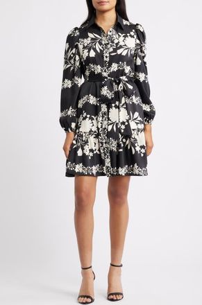 Anne Klein Floral Long Sleeve Tiered Shirtdress in Anne Black/Swan White at Nordstrom, Size 10P